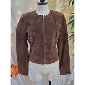 Bebe Vtg Y2K 100% Leather Patchwork Cropped Double Zip Jacket Size M Brown